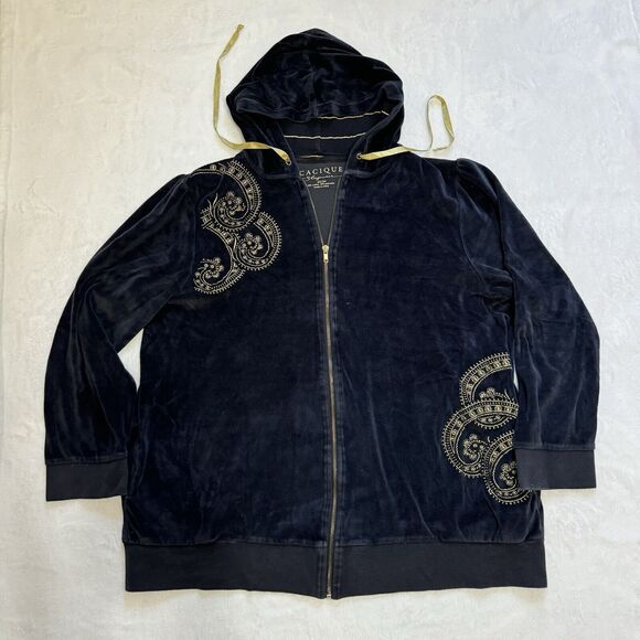 VTG Y2K Cacique Sweatshirt Velour Embroidered Black Gold Paisley Hoodie -22/24 - Picture 1 of 6